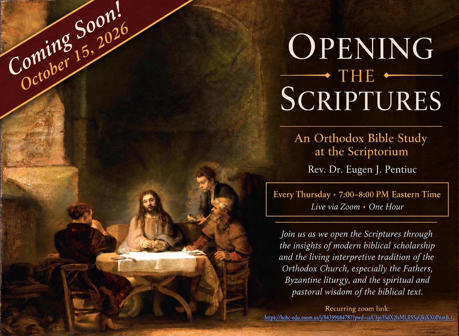Weekly Orthodox Bible Study with Fr. Eugen Pentiuc Begins Oct 15